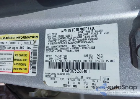 2014 Ford Fusion Se z USA, uszkodzony, nr VIN 1FA6P0H75E5384011